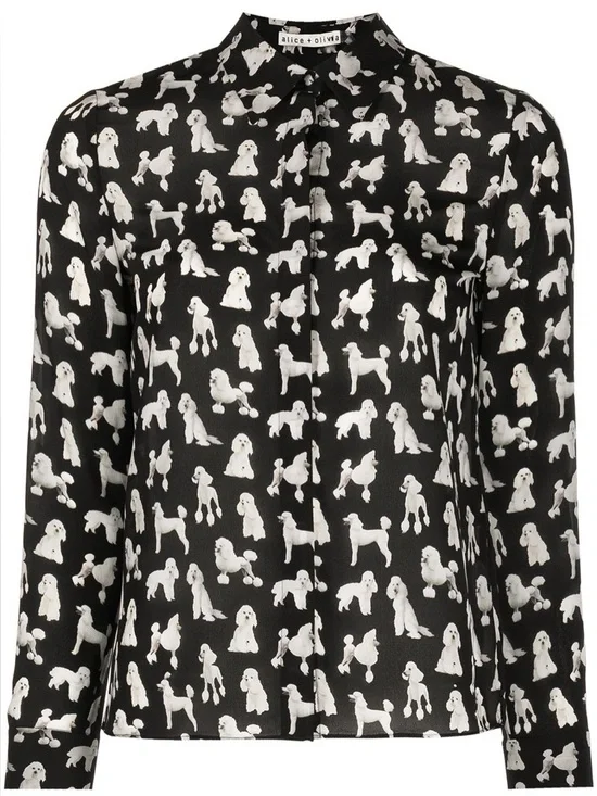 ALICE + OLIVIA 100% Silk Poodle-Print Button Front Shirt | Medium, can fit Small - Picture 10 of 10